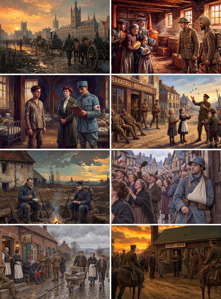 Collage van beelden uit de films: soldaten en burgers tijdens de Eerste Wereldoorlog